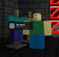 A player wearing a lab coat, using the Steve's clothing from Minecraft.