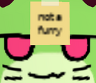 Blaxor with a sticky note saying "Not a Furry"