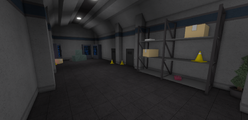 A view of the V3.1R Security Hallway, connecting to an interrogation room and a locker room.