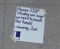 Joe's message to not steal the soap.