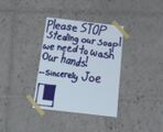Joe's message to not steal the soap, found in an older version of the Bathroom.