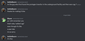 Aethelbeorn -- 02/04/2022 20:09 im the guy who first found the protogen transfur in the underground facility and then won rpg-7 Aethelbeorn -- 02/04/2022 22:35 thanks for making it btw Blaxor -- 04/04/2022 20:13 ye i still remember you that's why i added rpg7 even though it's like a year late im so sorry Aethelbeorn -- 04/04/2022 20:41 it's fine