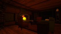 A tertiary view of the secret room, featuring a fireplace, and another antique clock.